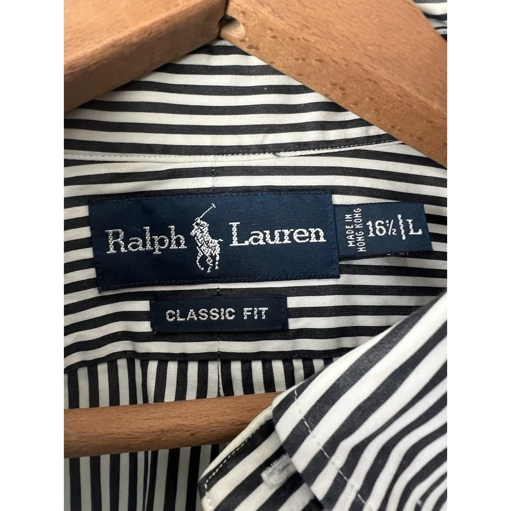 Vintage Ralph Lauren Classic Fit Shirt Mens 16.5 L Black White Stripe Red Pony